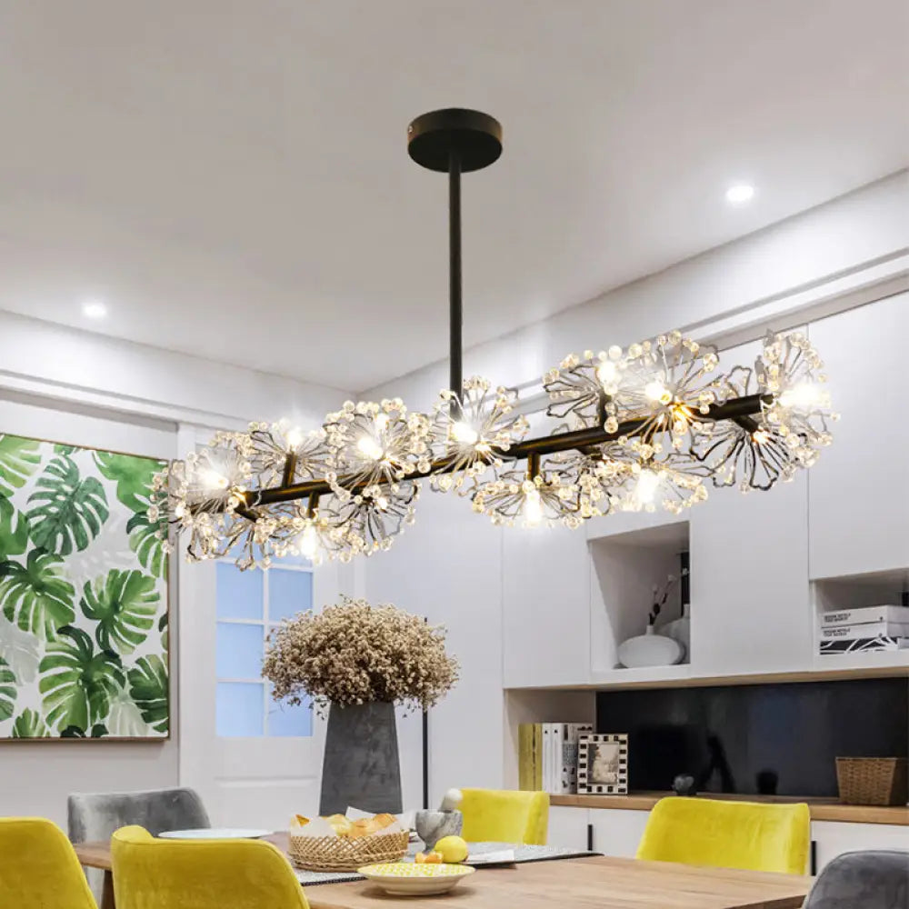 Modern Black Crystal Bead Blossom Island Lamp - Stylish 16 Bulb Dining Table Pendant Light