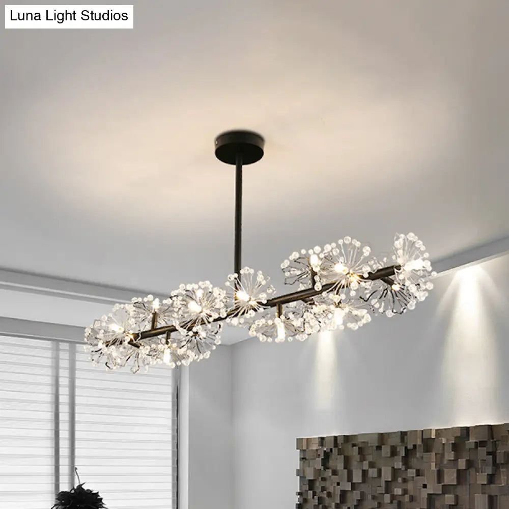 Modern Black Crystal Bead Blossom Island Lamp - Stylish 16 Bulb Dining Table Pendant Light