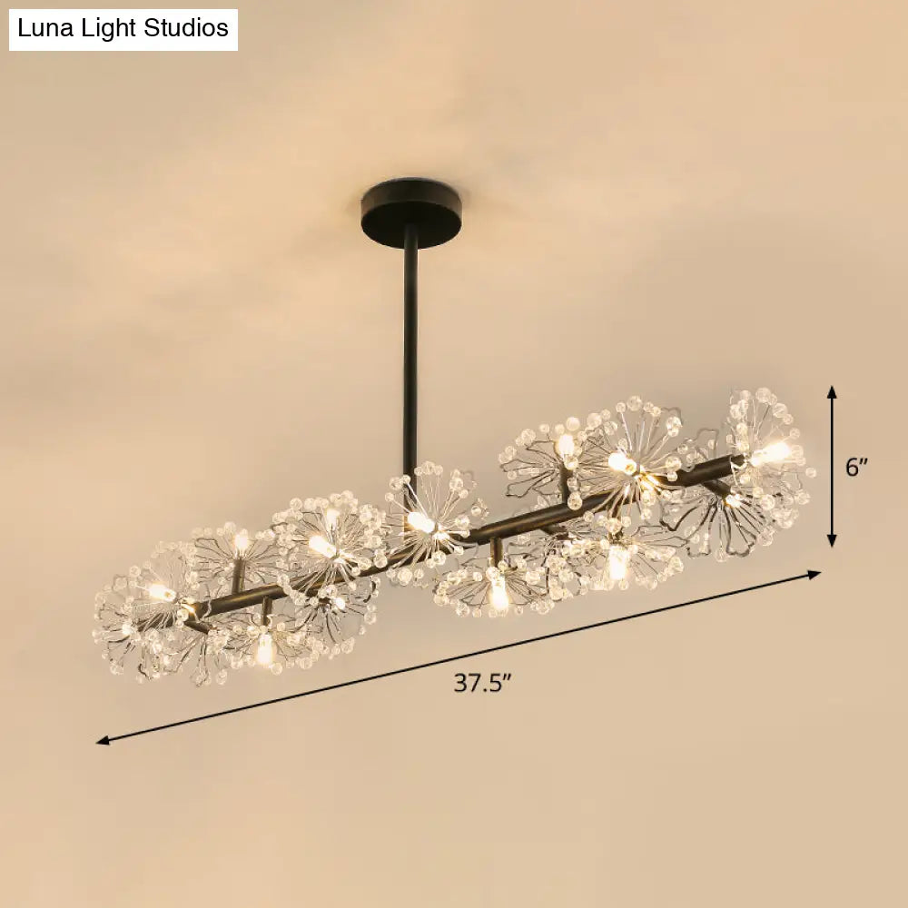 Modern Black Crystal Bead Blossom Island Lamp - Stylish 16 Bulb Dining Table Pendant Light