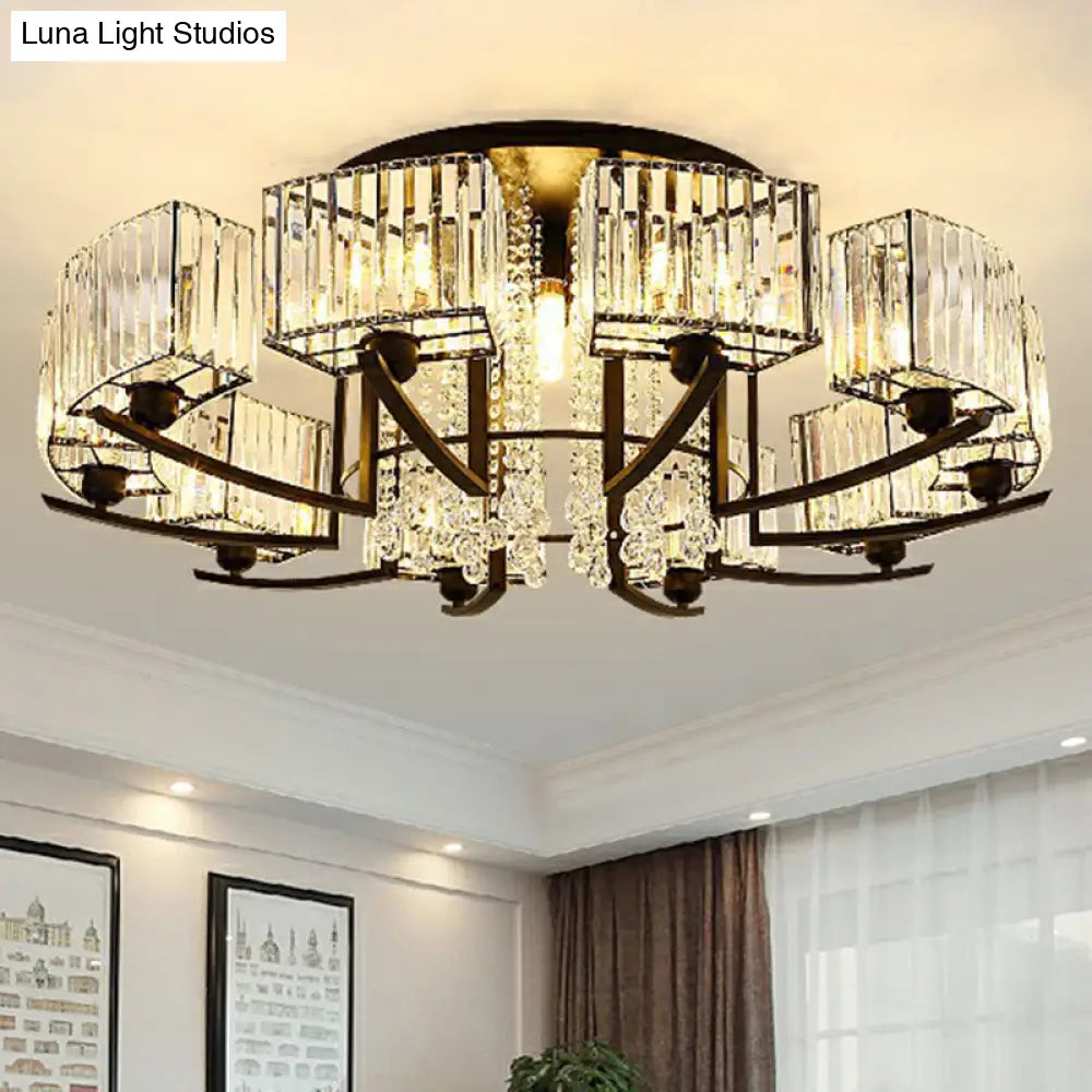 Modern Black Crystal Bedroom Ceiling Light - Rectangle Semi Flush Mount Lamp