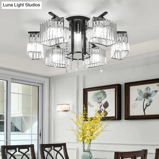 Modern Black Crystal Block Semi Flush Ceiling Light - Circle Flushmount For Living Room