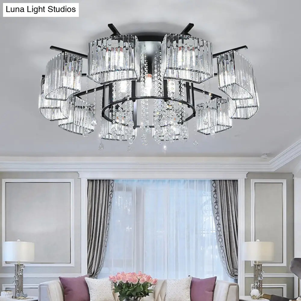 Modern Black Crystal Block Semi Flush Ceiling Light - Circle Flushmount For Living Room