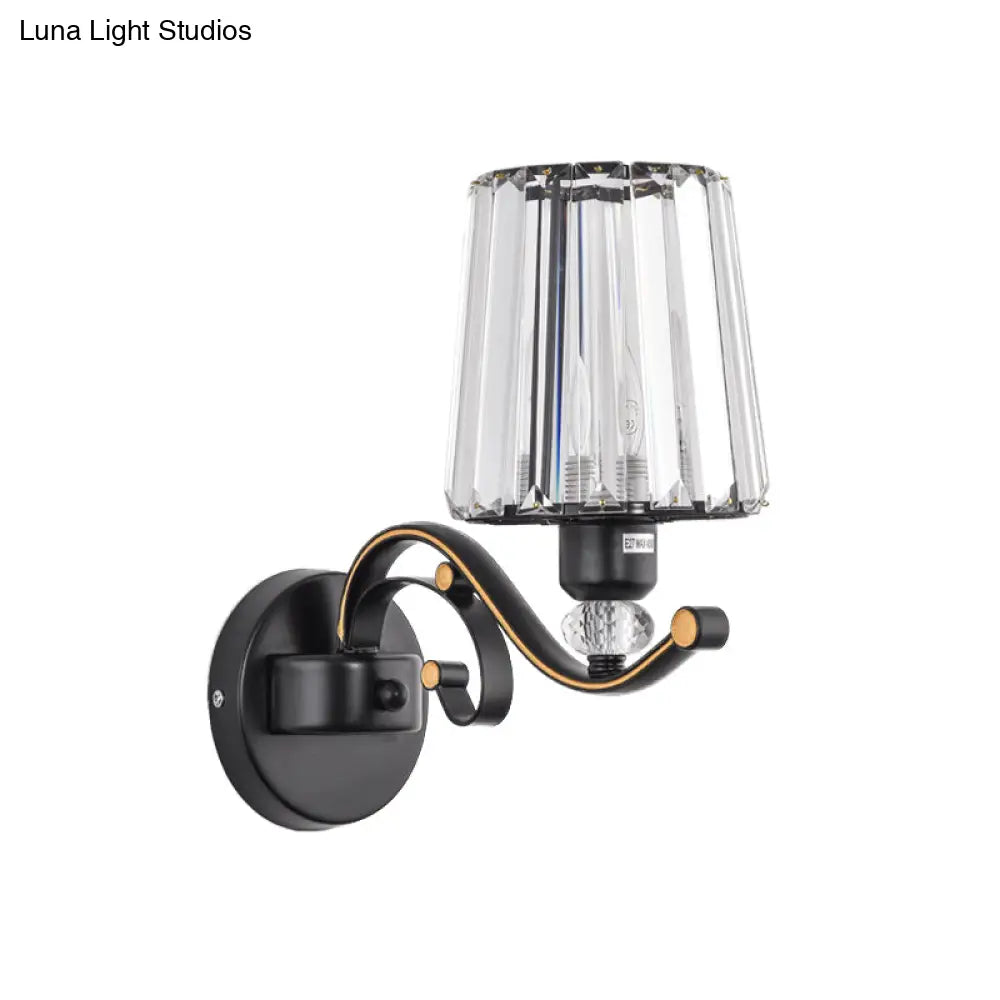 Modern Black Crystal Block Wall Sconce Lamp - Sleek Half-Bulb Tapered Design For Living Room