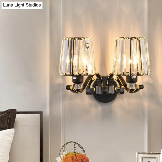 Modern Black Crystal Block Wall Sconce Lamp - Sleek Half-Bulb Tapered Design For Living Room