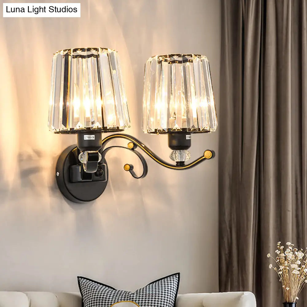 Modern Black Crystal Block Wall Sconce Lamp - Sleek Half-Bulb Tapered Design For Living Room