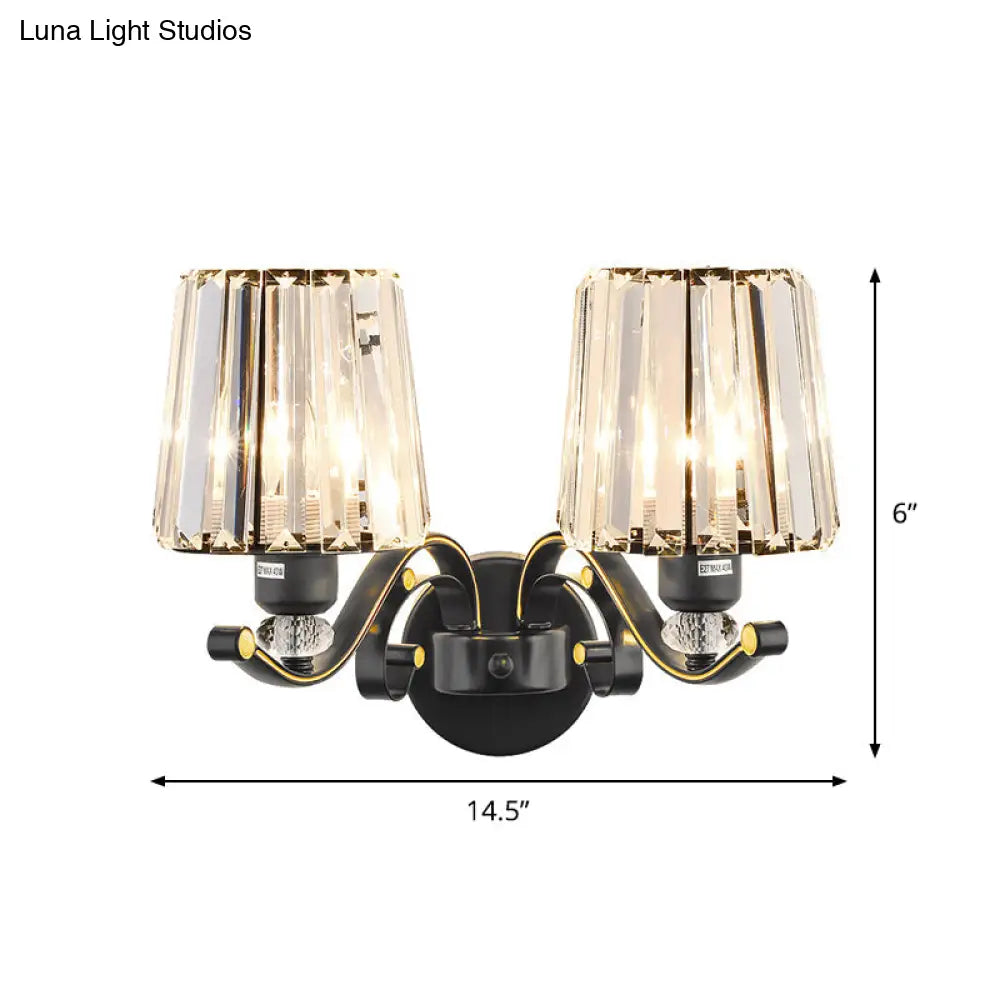 Modern Black Crystal Block Wall Sconce Lamp - Sleek Half-Bulb Tapered Design For Living Room