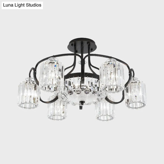 Modern Black Crystal Ceiling Lamp With Clear Cylindrical Shade - Semi Mount 4/8 Heads Dining Room