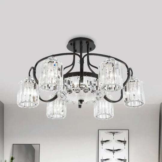 Modern Black Crystal Ceiling Lamp With Clear Cylindrical Shade - Semi Mount 4/8 Heads Dining Room