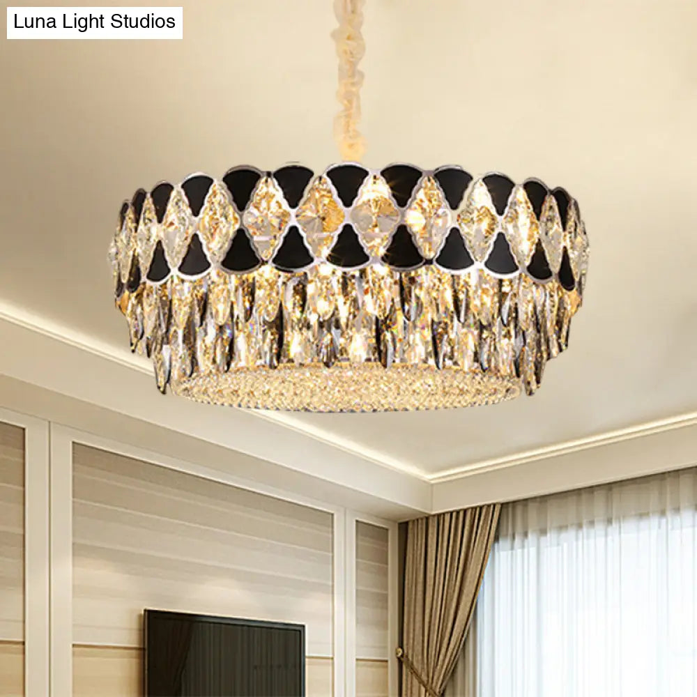 Modern Black Crystal Chandelier - Circular Living Room Pendant Light With 12 Heads