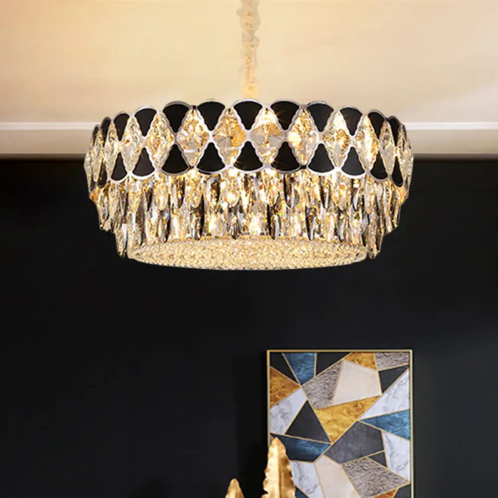 Modern Black Crystal Chandelier - Circular Living Room Pendant Light With 12 Heads