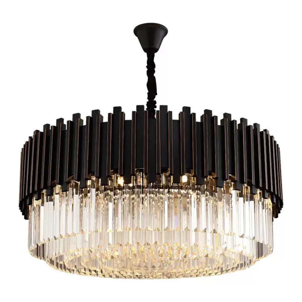 Modern Black Crystal Chandelier - Drum Shaped Pendant Lamp For Bedroom 8/12/16-Bulb Options