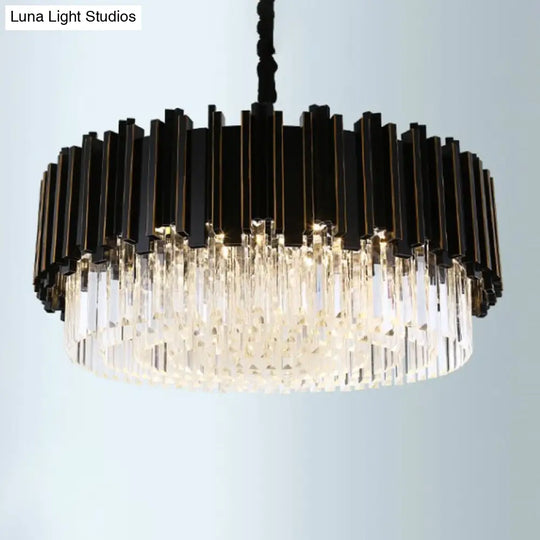 Modern Black Crystal Chandelier - Drum Shaped Pendant Lamp For Bedroom 8/12/16-Bulb Options