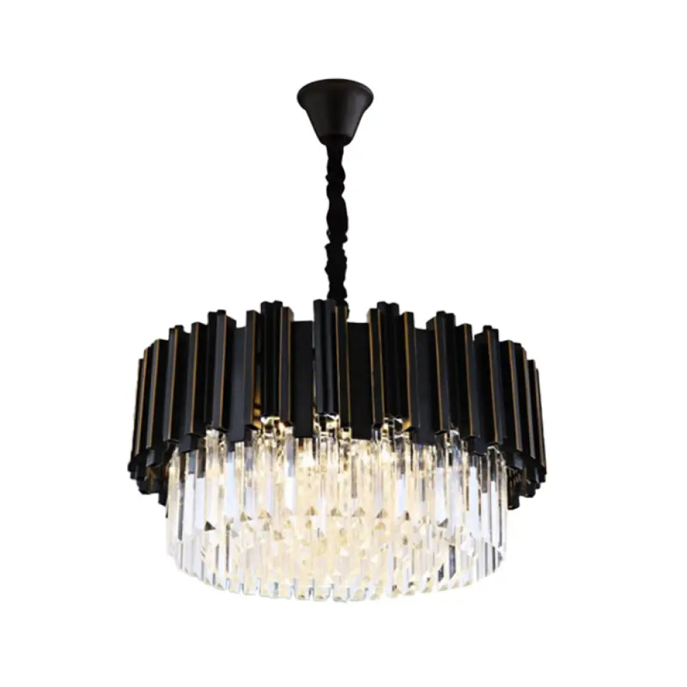 Modern Black Crystal Chandelier - Drum Shaped Pendant Lamp For Bedroom 8/12/16-Bulb Options