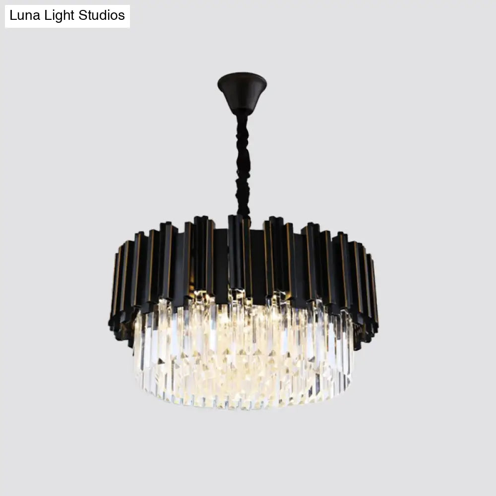 Modern Black Crystal Chandelier - Drum Shaped Pendant Lamp For Bedroom 8/12/16-Bulb Options