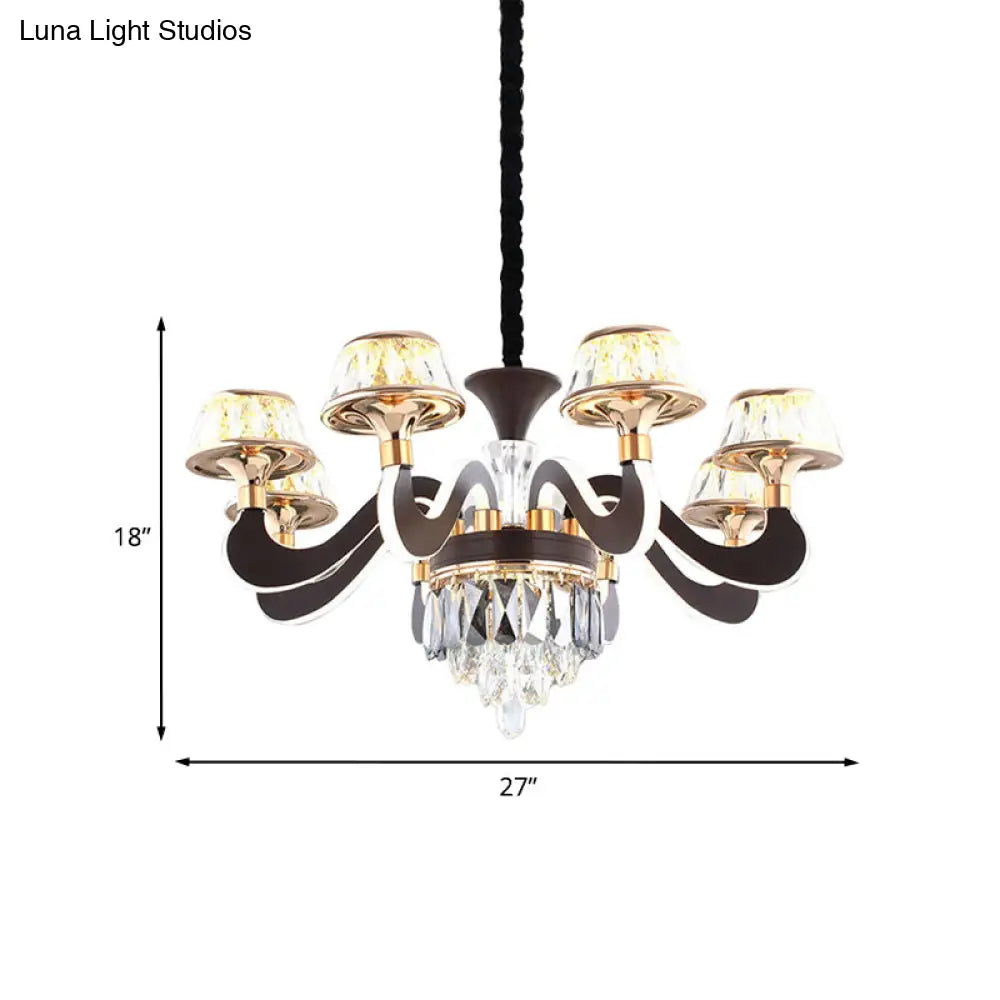 Modern Black Metal Gooseneck Arm Chandelier With Led Crystal Pendant - 6 Lights