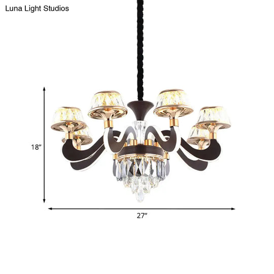 Modern Black Metal Gooseneck Arm Chandelier With Led Crystal Pendant - 6 Lights