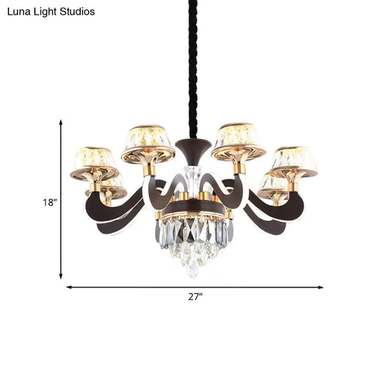 Modern Black Crystal Chandelier With 6 Led Lights And Gooseneck Arm - Stylish Ceiling Pendant