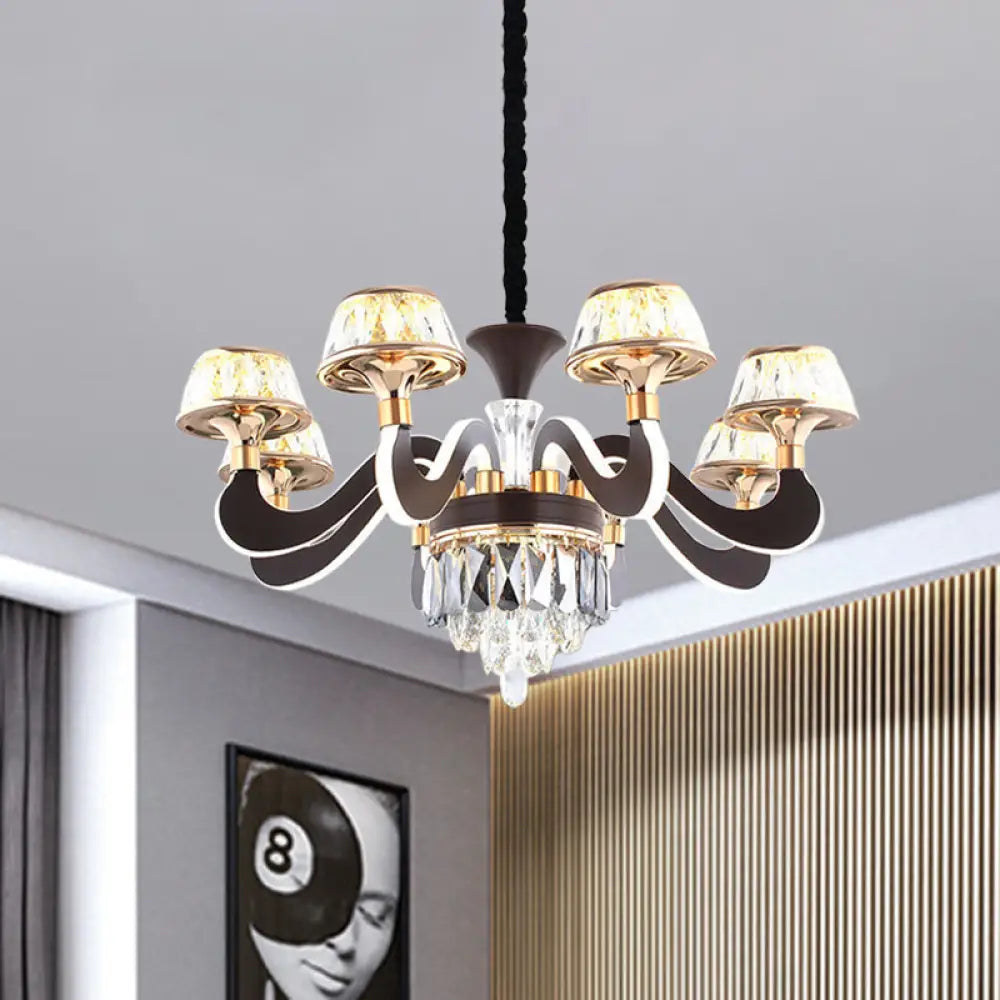 Modern Black Crystal Chandelier With 6 Led Lights And Gooseneck Arm - Stylish Ceiling Pendant