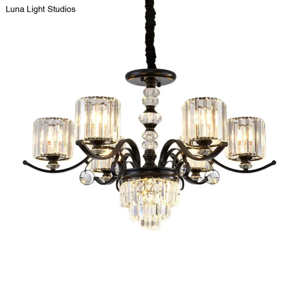 Black Tiered Crystal Chandelier - 6 Lights Sleek Ceiling Lamp With Cylinder Shade