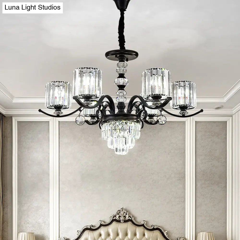 Modern Black Crystal Chandelier With 6 Tiered Parlor Lights & Cylindrical Shade