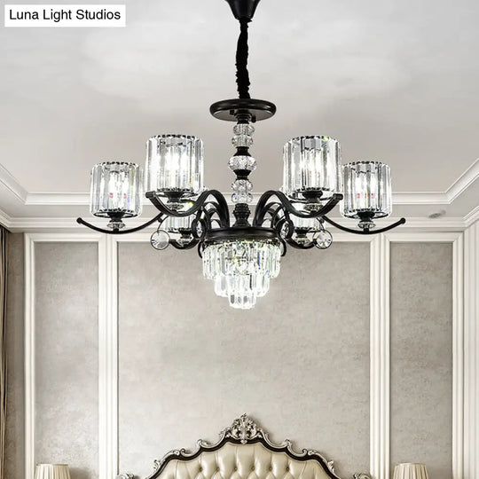 Modern Black Crystal Chandelier With 6 Tiered Parlor Lights & Cylindrical Shade