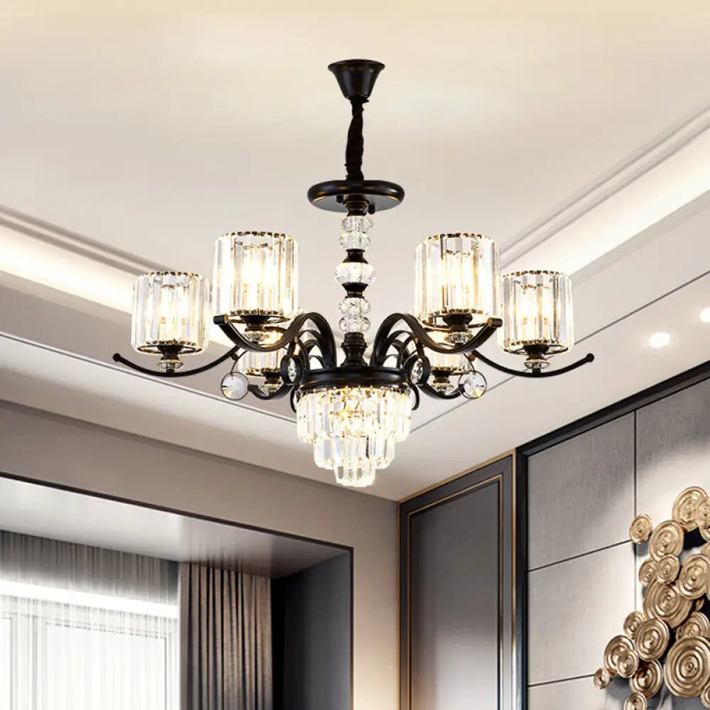 Modern Black Crystal Chandelier With 6 Tiered Parlor Lights & Cylindrical Shade