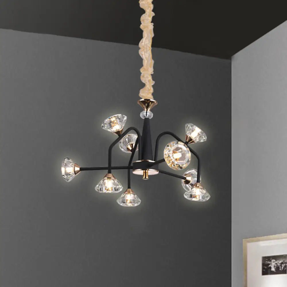 Modern Black Crystal Chandelier With 9/12 Lights - Pyramid Design Curved Arm Ceiling Hanging Light 9