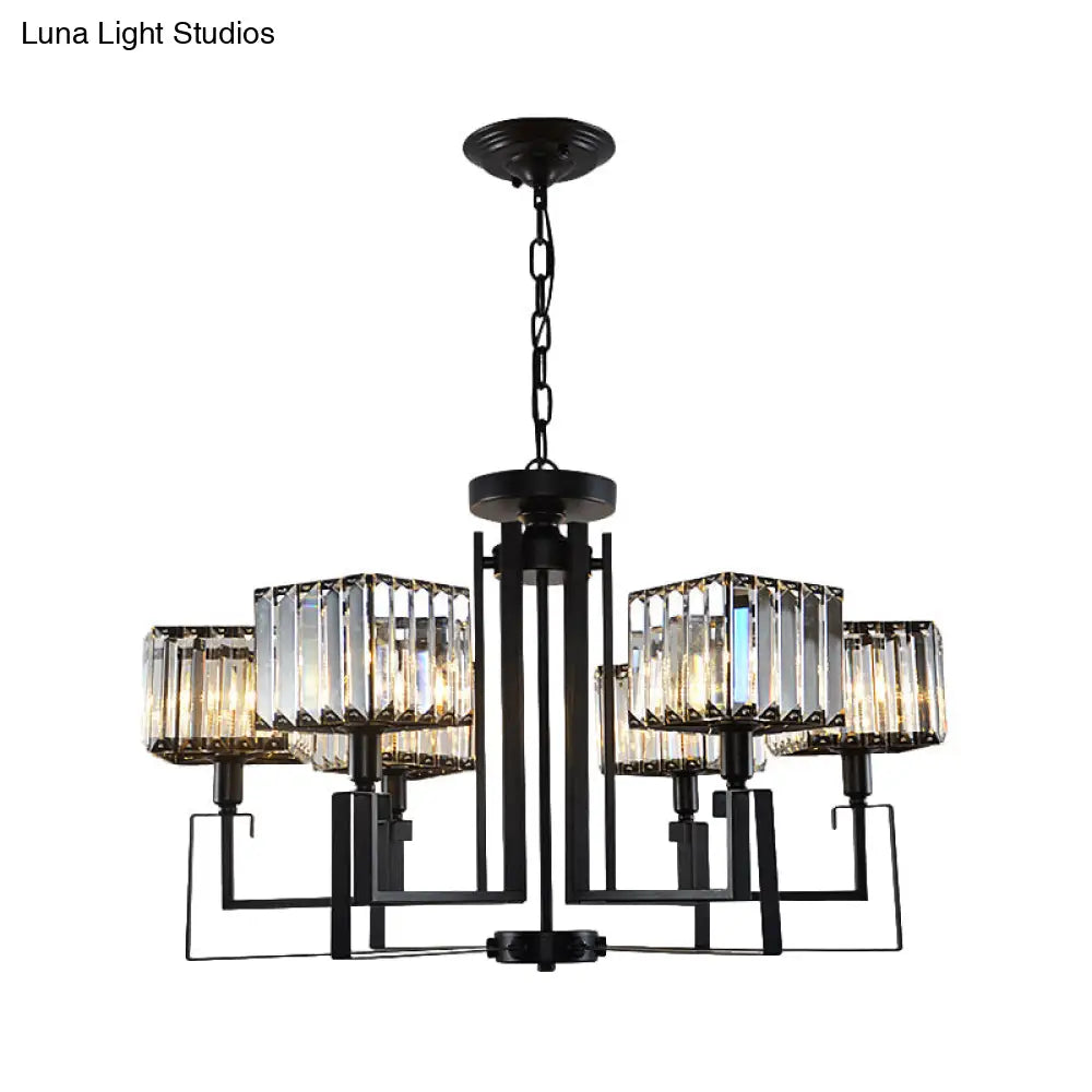 Modern Black Crystal Chandelier With Crooked Metal Frame - 6/8 Heads Clear Cubic Shades