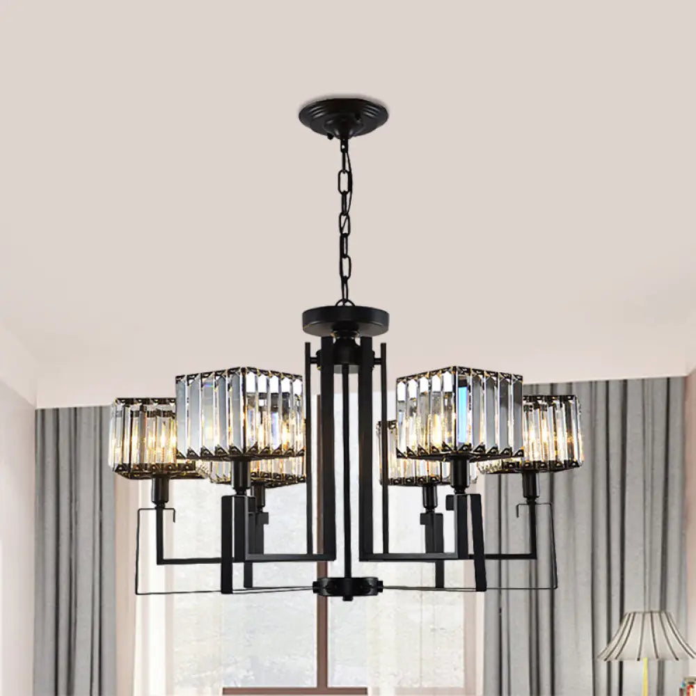 Modern Black Crystal Chandelier With Crooked Metal Frame - 6/8 Heads Clear Cubic Shades 6 /