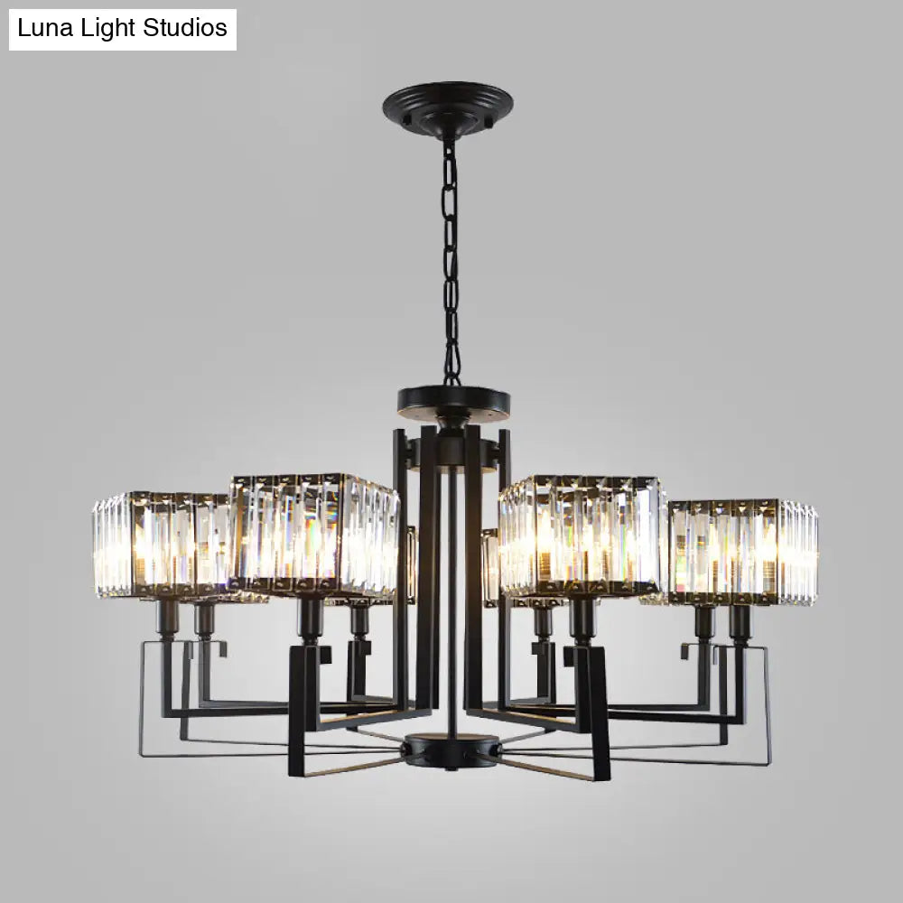 Modern Black Crystal Chandelier With Crooked Metal Frame - 6/8 Heads Clear Cubic Shades