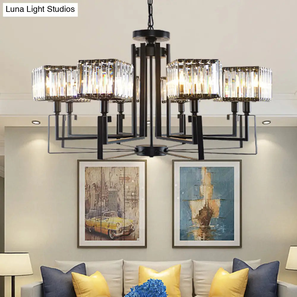 Modern Black Crystal Chandelier With Crooked Metal Frame - 6/8 Heads Clear Cubic Shades