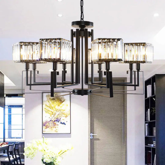 Modern Black Crystal Chandelier With Crooked Metal Frame - 6/8 Heads Clear Cubic Shades 8 /