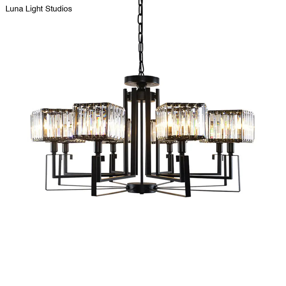 Modern Black Crystal Chandelier With Crooked Metal Frame - 6/8 Heads Clear Cubic Shades