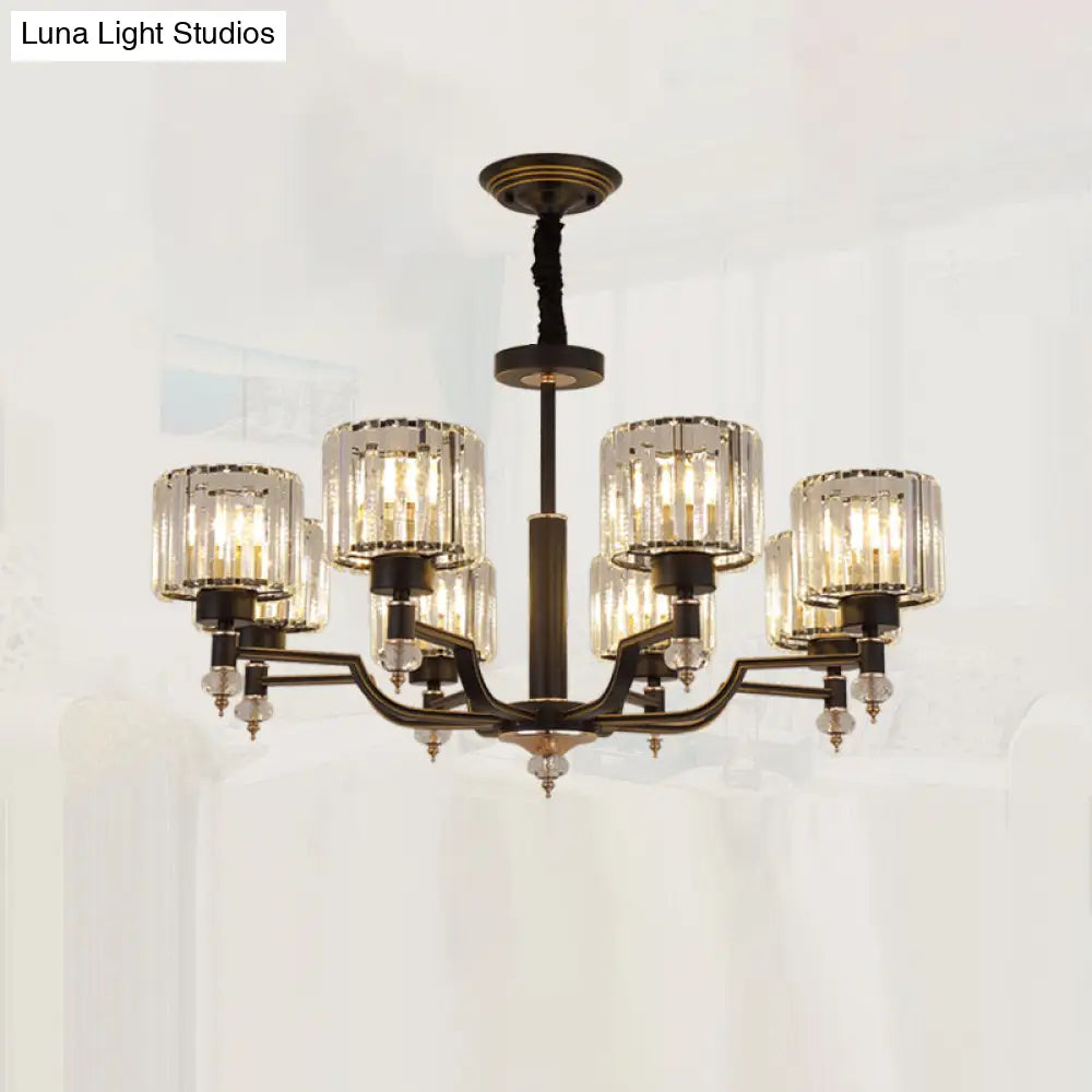 Modern Black Crystal Chandelier With Minimalist Cylindrical Suspension Design