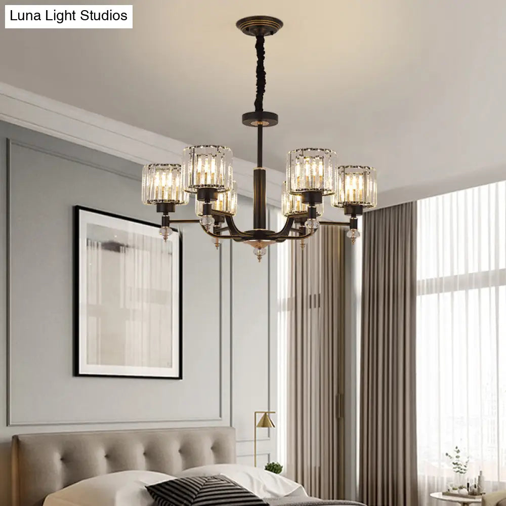 Modern Black Crystal Chandelier With Minimalist Cylindrical Suspension Design