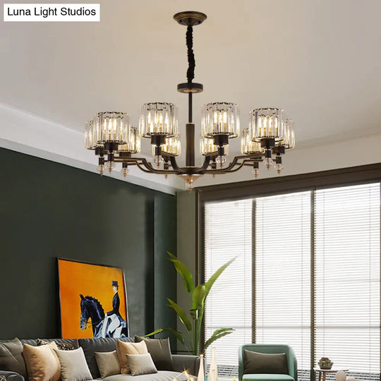 Modern Black Crystal Chandelier With Minimalist Cylindrical Suspension Design