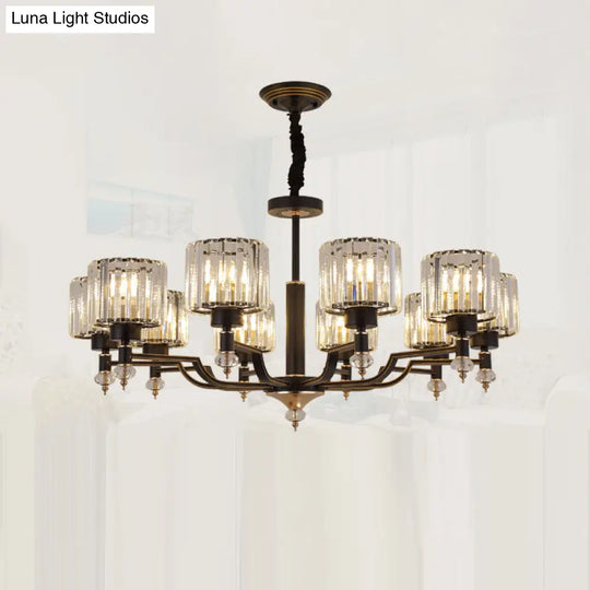 Modern Black Crystal Chandelier With Minimalist Cylindrical Suspension Design