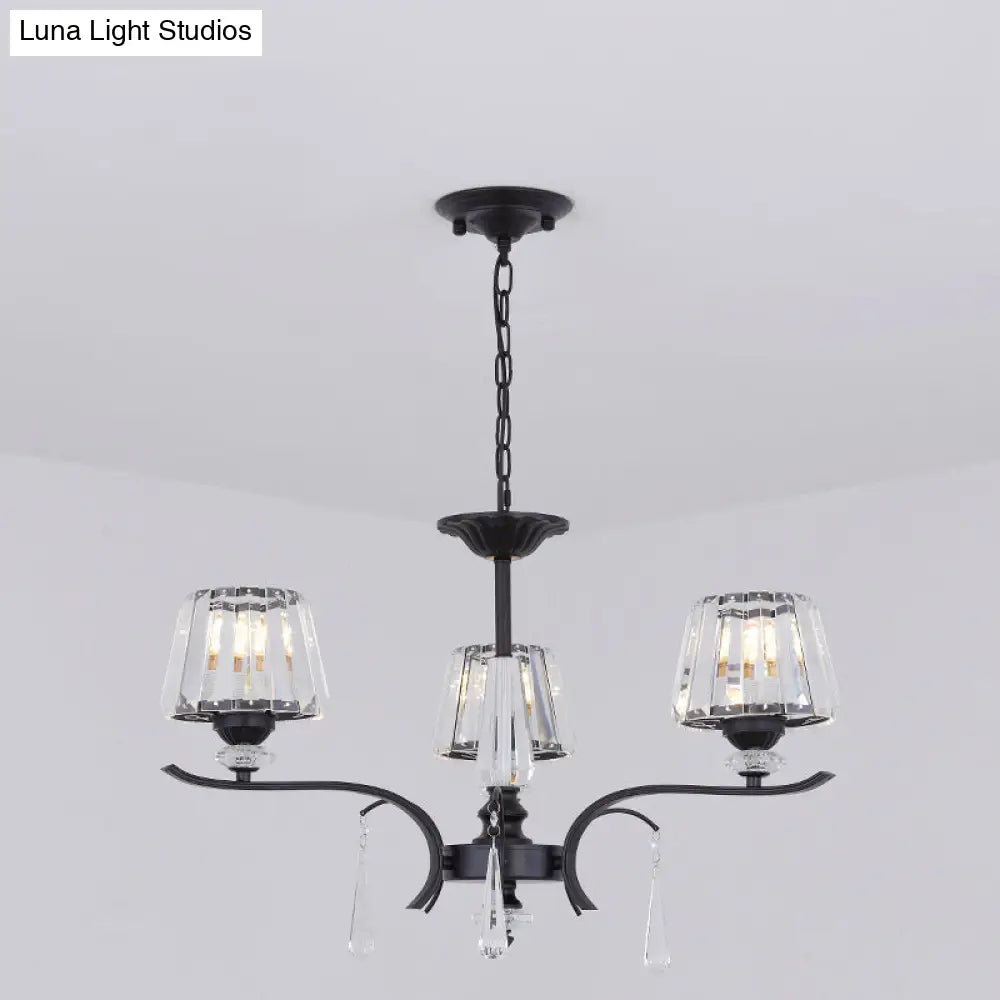 Modern Crystal Cone Chandelier: 3/6-Bulb Suspended Ceiling Lamp In Black Perfect For Bedrooms