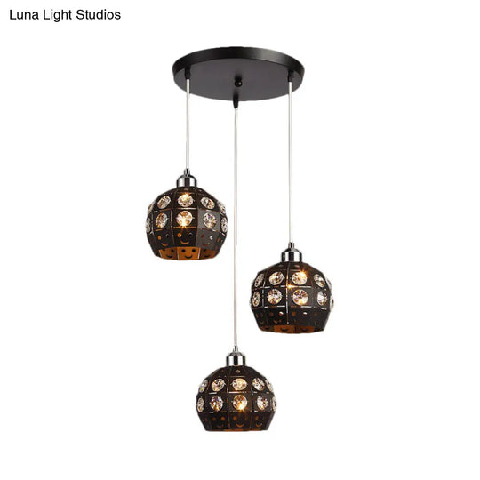 Black Dome Crystal Embedded Pendant Lamp - Modernist 3-Head Dining Room Suspension Light Fixture