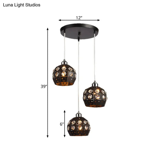 Modern Black Crystal Dome Dining Room Suspension Light With 3 Embedded Pendant Lamp Heads