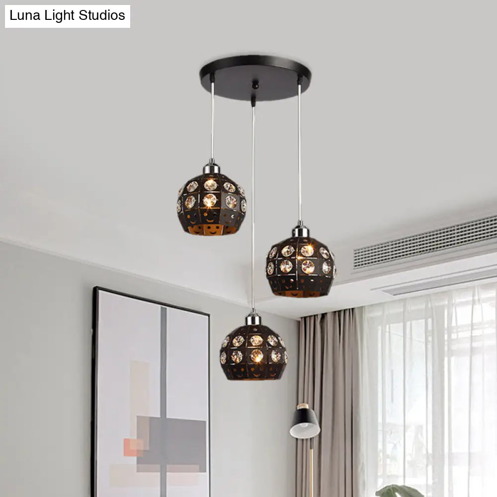 Modern Black Crystal Dome Dining Room Suspension Light With 3 Embedded Pendant Lamp Heads