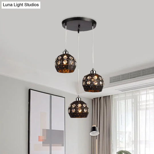 Black Dome Crystal Embedded Pendant Lamp - Modernist 3-Head Dining Room Suspension Light Fixture