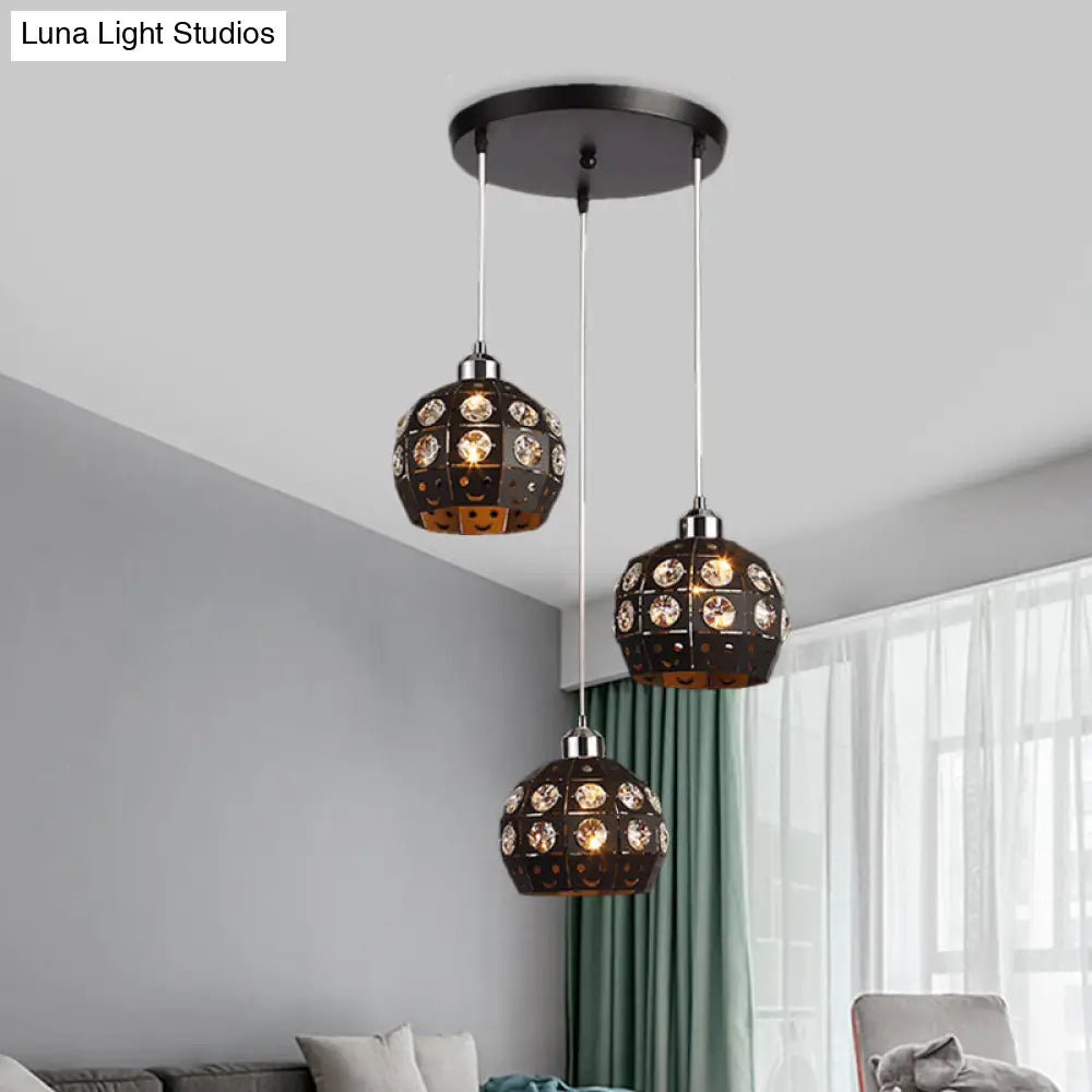 Black Dome Crystal Embedded Pendant Lamp - Modernist 3-Head Dining Room Suspension Light Fixture