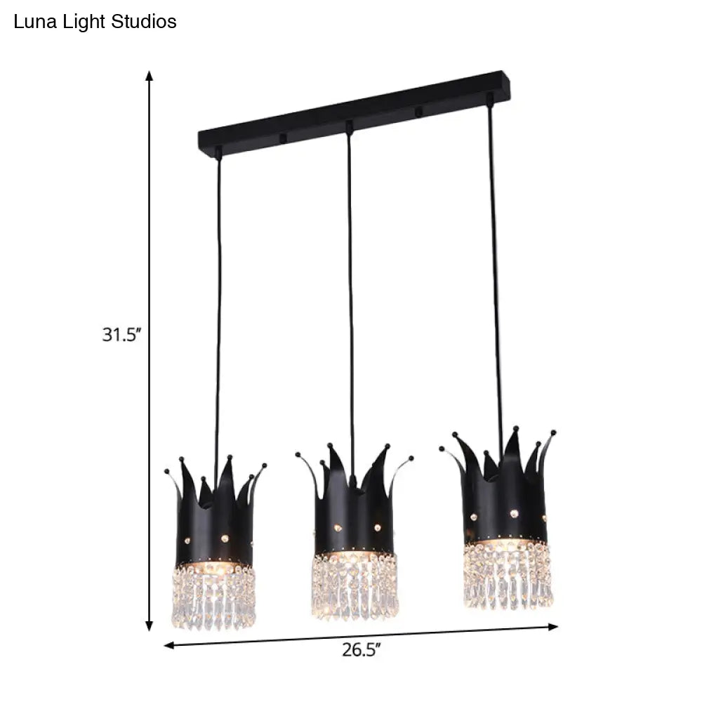 Modern Black Crystal Droplet Crown Island Lighting Kit - 3 Bulbs Linear/Round Canopy Multi Hanging