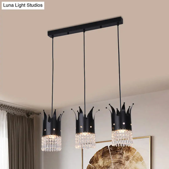 Modern Black Crown Island Lighting With Crystal Droplets - 3 Bulbs Metal Multi Hanging Lamp Kit /