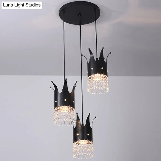 Modern Black Crown Island Lighting With Crystal Droplets - 3 Bulbs Metal Multi Hanging Lamp Kit