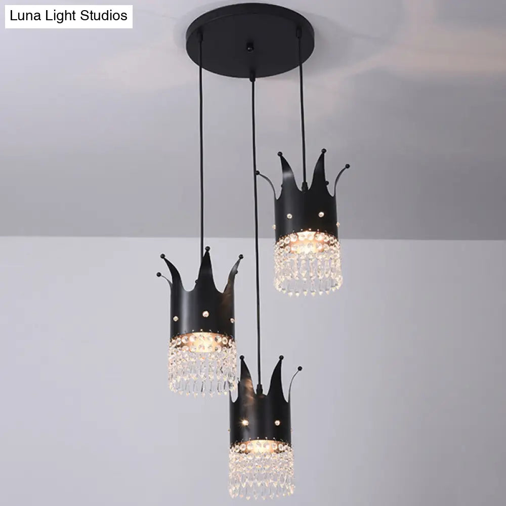 Modern Black Crystal Droplet Crown Island Lighting Kit - 3 Bulbs Linear/Round Canopy Multi Hanging