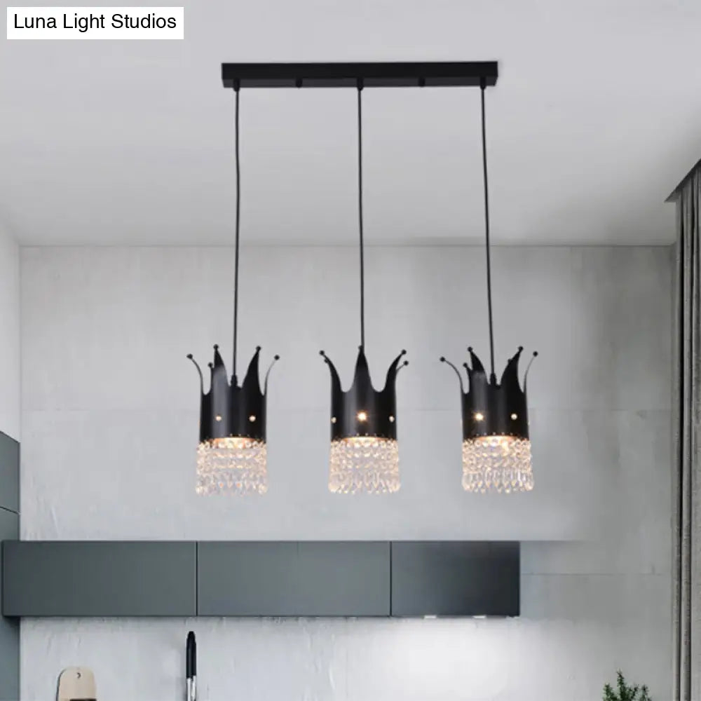 Modern Black Crown Island Lighting With Crystal Droplets - 3 Bulbs Metal Multi Hanging Lamp Kit