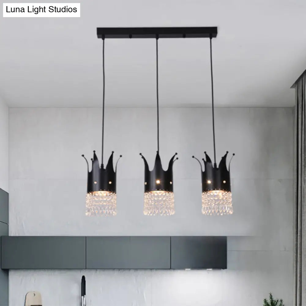 Modern Black Crystal Droplet Crown Island Lighting Kit - 3 Bulbs Linear/Round Canopy Multi Hanging