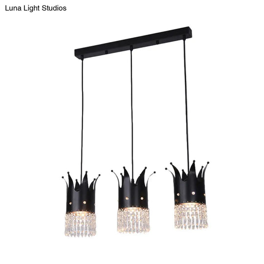 Modern Black Crystal Droplet Crown Island Lighting Kit - 3 Bulbs Linear/Round Canopy Multi Hanging